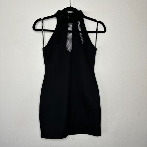Sexy Deep Black Bodycon Mini Dress Mesh Cutout Neckline Design Halter Neck Small - Picture 1 of 10